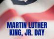 US Flag in background with blue text letters stating MLK Jr Day